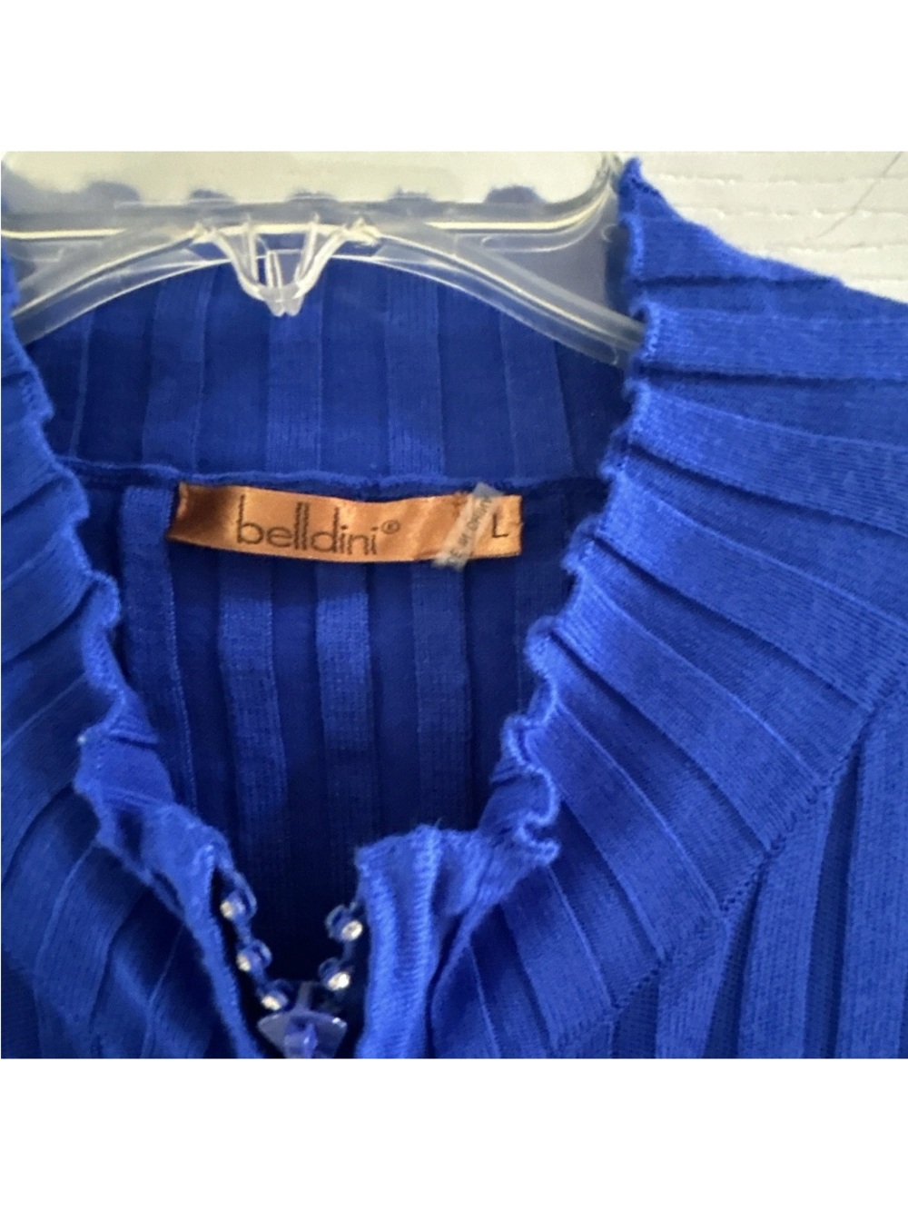 Belldini Cobalt Ribbed Scoop Neck Sweater with Ruffle Trim